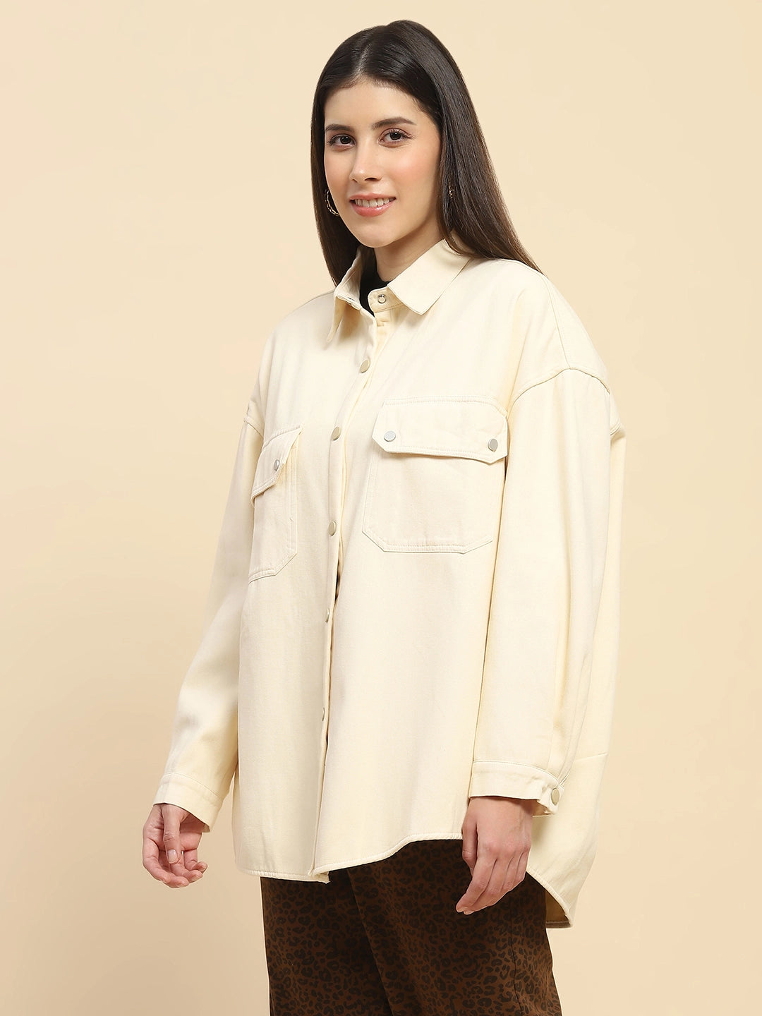 Off White Cotton Solid Oversized Shacket With Fleece Lining For Winter