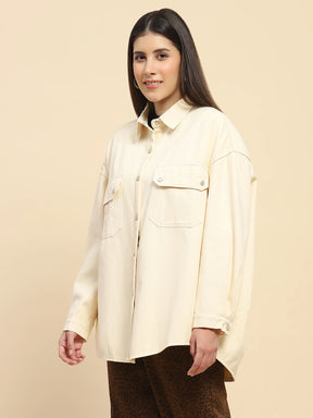 Off White Cotton Solid Oversized Shacket With Fleece Lining For Winter