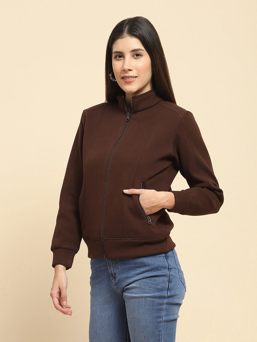 Coffee Brown Poly Blend Solid Relaxed Fit Sweat Shirt