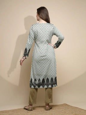 Women Light Green Printed Kurta V-Neck Woolen With Full Sleeve