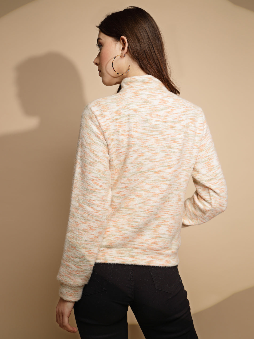 Women White & Orange Color Abstract Print Turtle Neck Full Sleeve Acrylic Sweatshirt