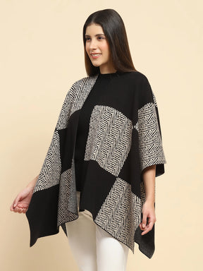 Black Poly Blend Color Block Loose Fit Winter Shrug