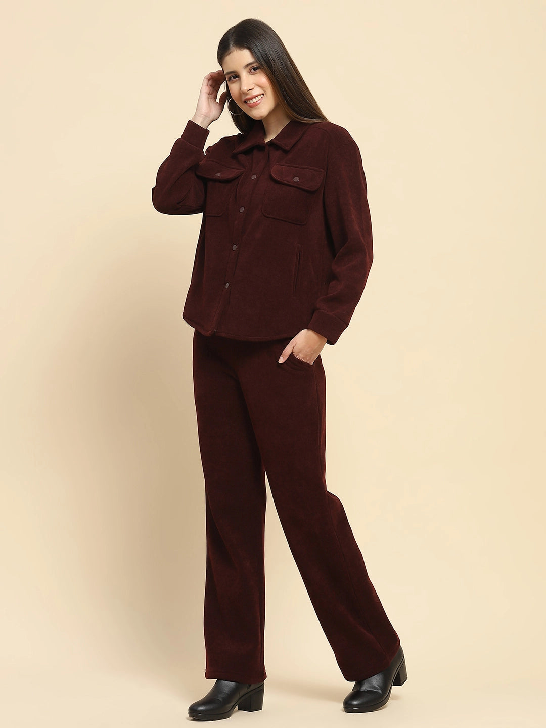 Wine Poly Blend Solid Relaxed Fit Co-Ord Sets