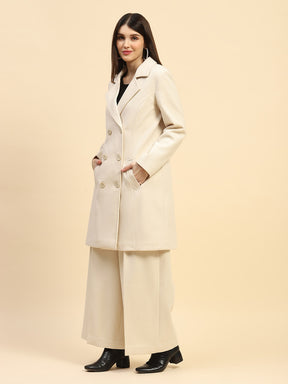 Cream Solid Poly Viscose Relaxed Fit Coat With Trouser Winter Set