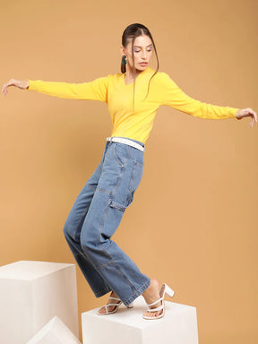 Women Blue Continuous Waistband Straight Leg High Rise Jeans