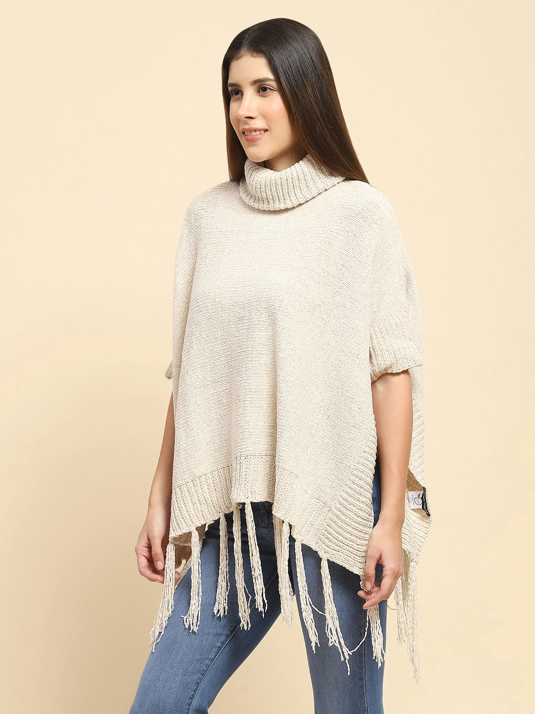 Beige Poly Blend Solid Knit Loose Fit Poncho