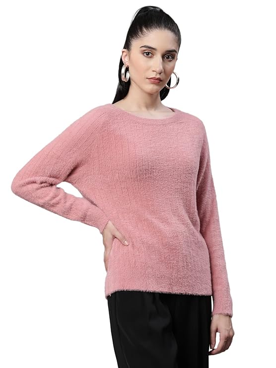 Women Pile knit Pink Woolen Regular Fit Casual Pullover