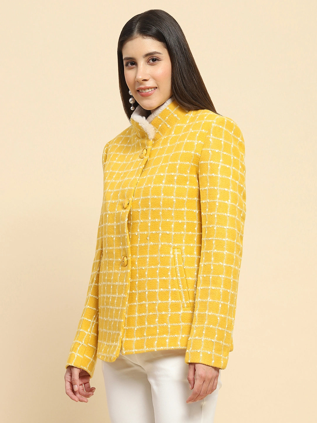 Mustard Poly Acrylic Checkered Regular Fit Coat For Winter