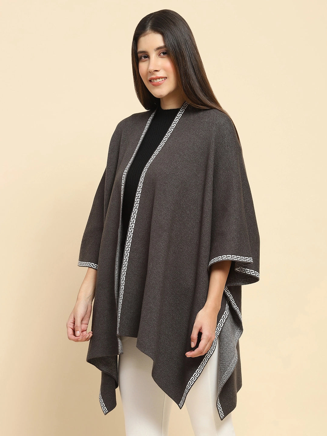 Dark Grey Poly Blend Solid Knit Loose Fit Winter Shrug