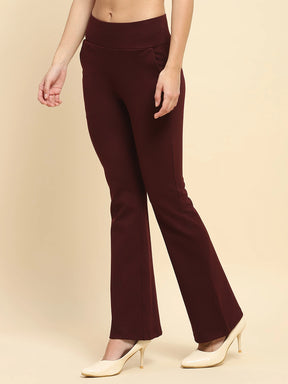 Wine Poly Blend Solid Bootcut Stretchable Slim Fit Trouser