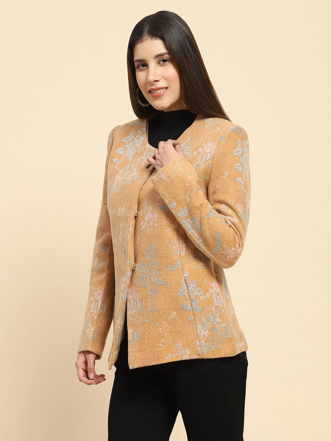 Tan Poly Acrylic Thread Embroidered Regular Fit Coat For Winter