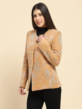 Tan Brown Poly Acrylic Thread Embroidered Regular Fit Coat For Winter