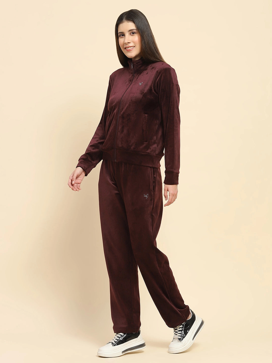 Burgundy Velvet Solid Relaxed Fit Night Suit Set For Winter