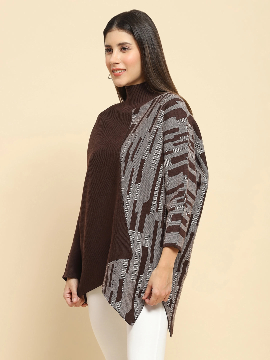 Brown Poly Blend Knit Print Relaxed Fit Pullover