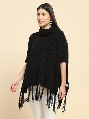 Black Poly Blend Solid Knit Loose Fit Poncho