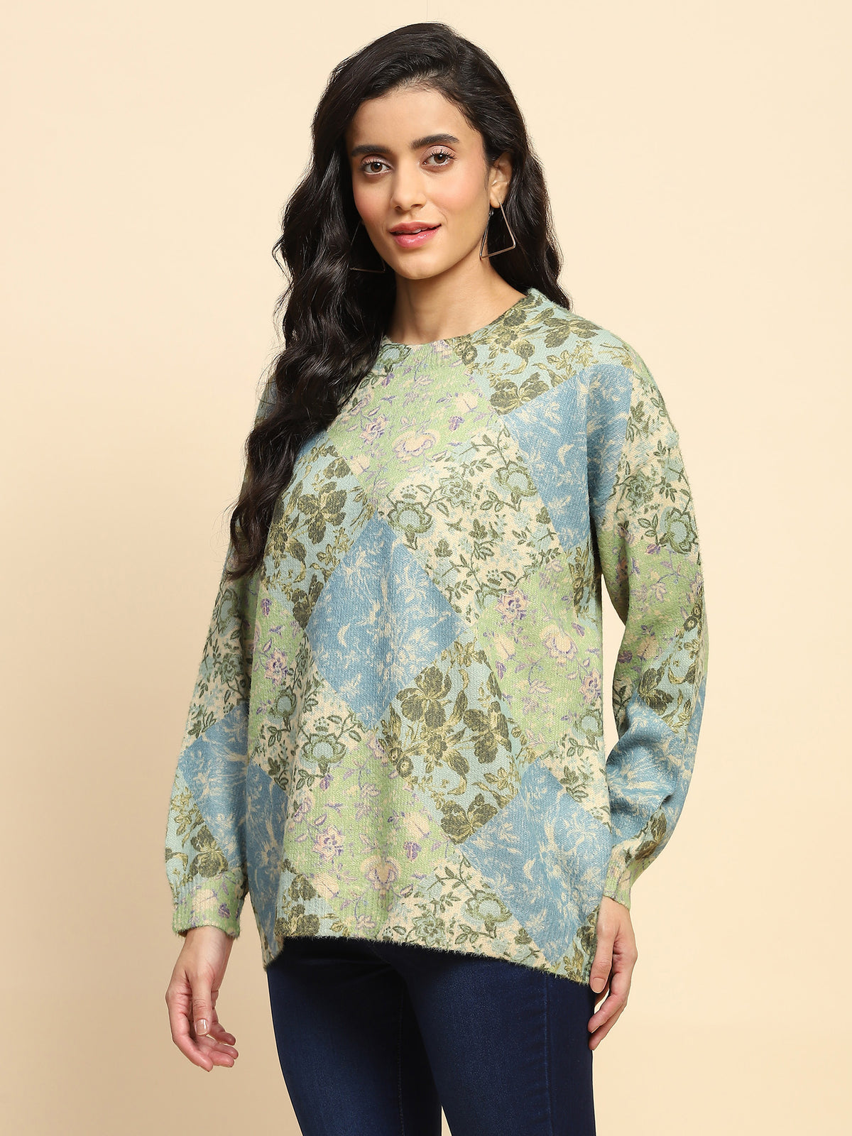 Green Polyester Blend Relaxed Fit Pullover For Women