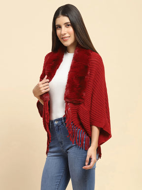 Maroon Acrylic Knitted Relaxed Fit Cape