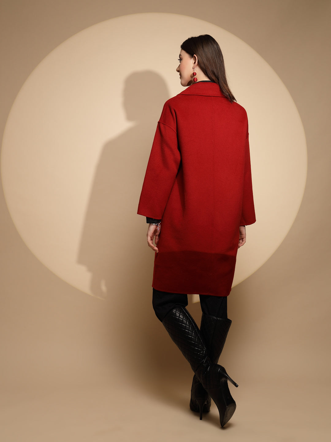 Women Red Solid Collared Neck Full Sleeve Woolen Long Coat