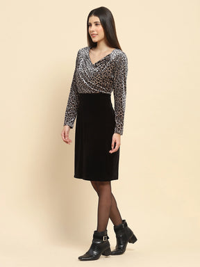 Grey Velvet Leopard Print Slim Fit Dress