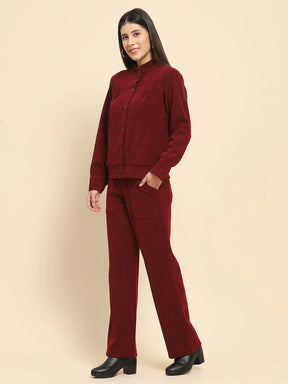 Burgundy Poly Blend Solid Relaxed Fit Co-Ord Sets