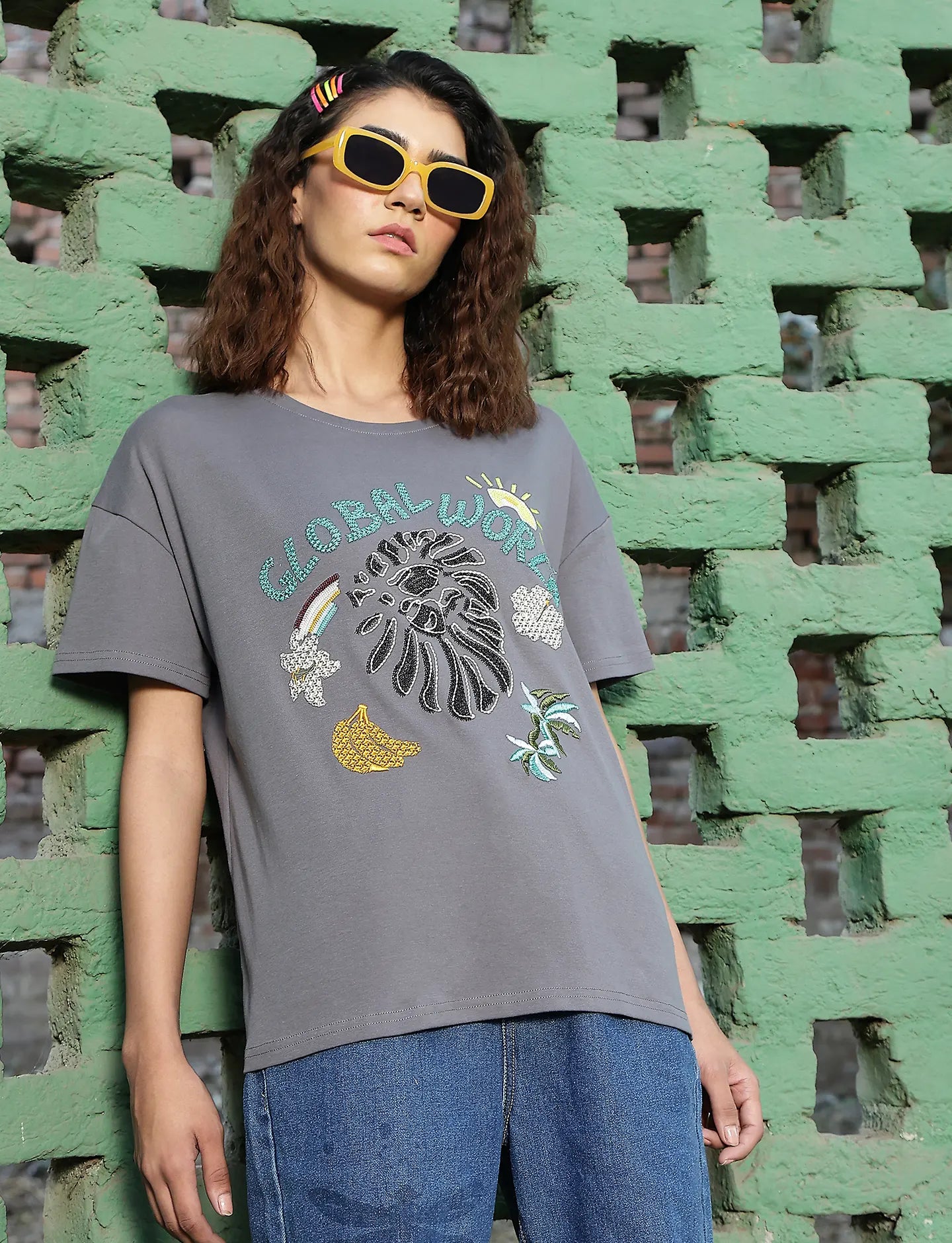 Grey Embroidered Cotton Oversized Top