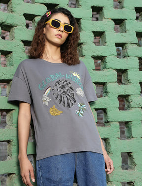 Grey Embroidered Cotton Oversized Top