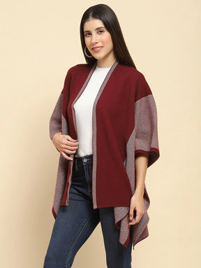 Maroon Poly Blend Printed Loose Fit Winter Shrug