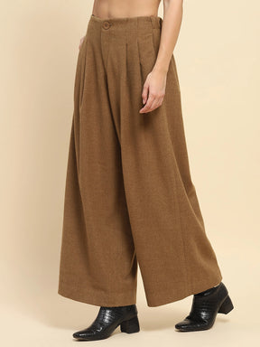 Brown Poly Viscose Stripes Textured  Loose Fit Trouser