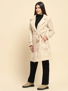 Beige Poly Acrylic Embroidered Relaxed Fit Long Coat For Winter