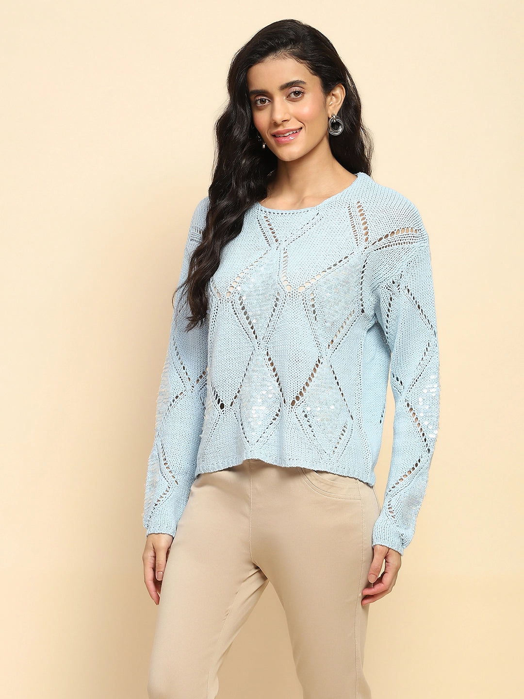 Blue Acrylic Relaxed Fit Pullover For Women