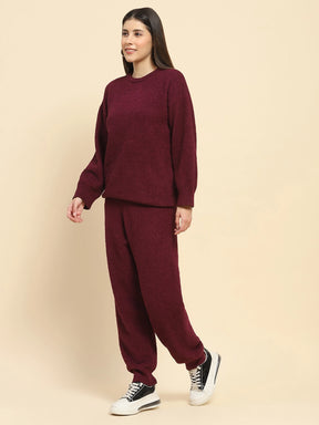 Mauve Poly Blend Solid Relaxed Fit Lounge Wear For Winter