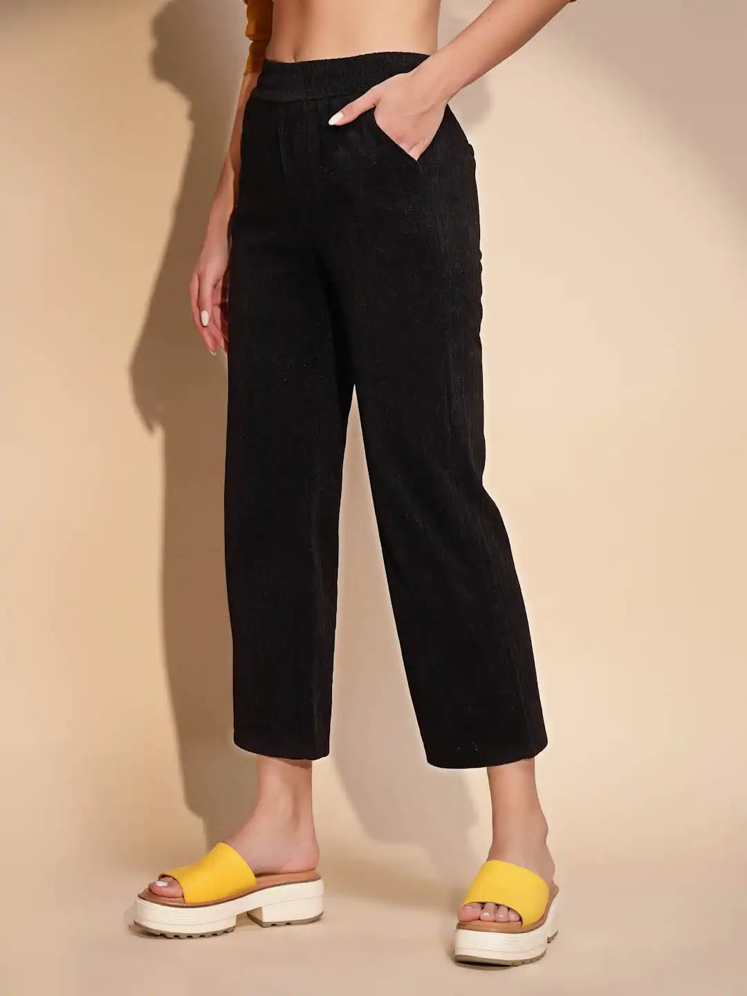 Black Cotton Blend High Rise Relaxed fit Lower