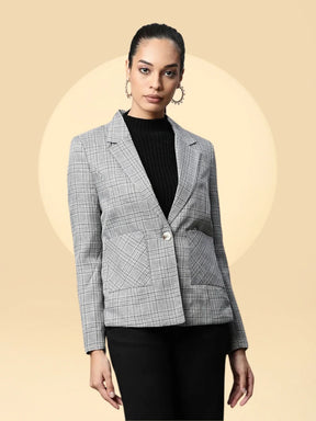 Women Grey Notch Collar Princess Panel Checkered Blazer