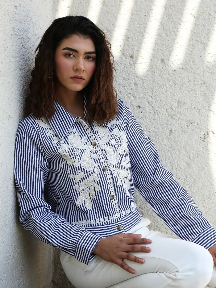 Navy Embroidered Striped Heavy Cotton Shirt