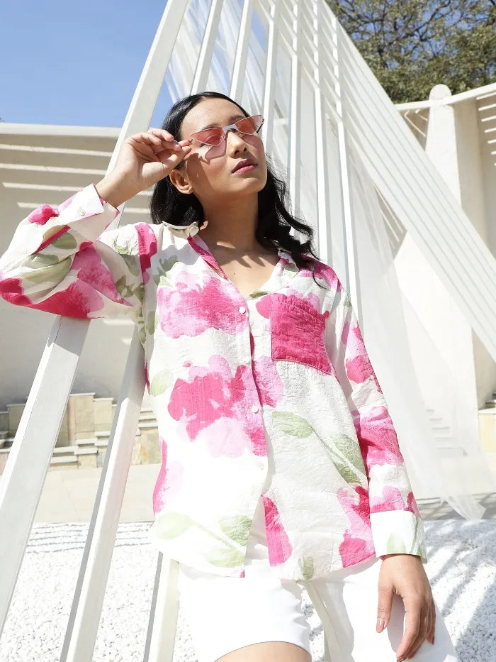 Pink Watercolor Floral Print Rayon Blend Shirt