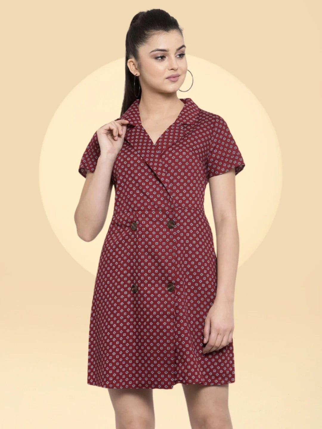 Women Maroon Shirt Notched Collar Printed Dress