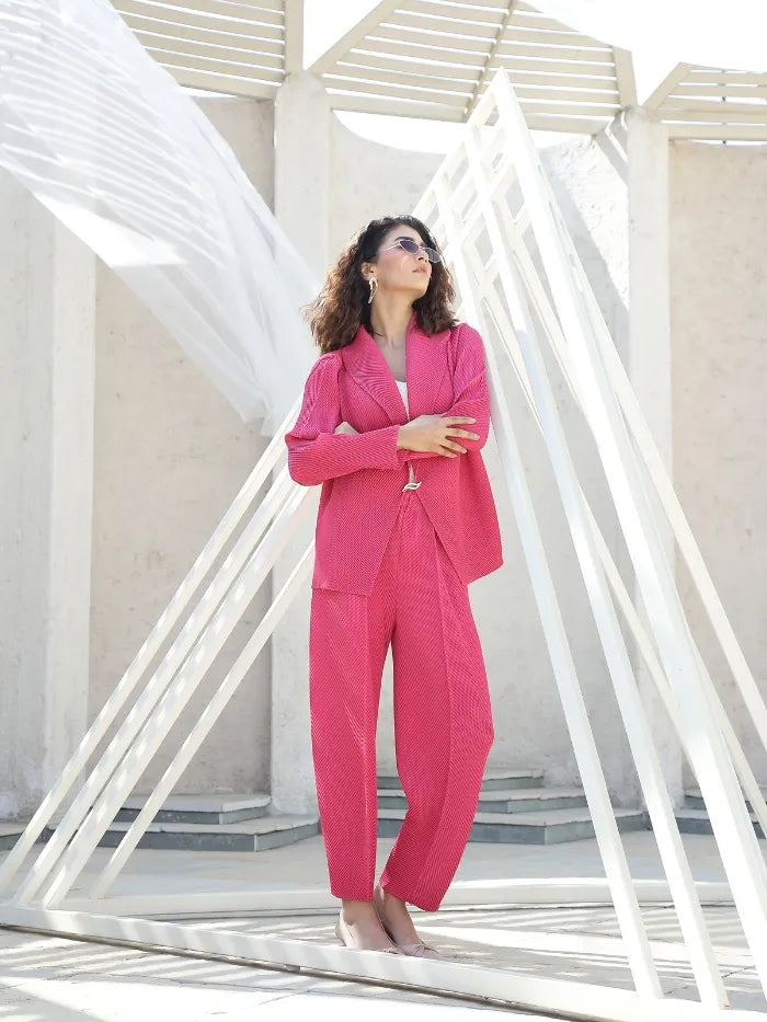 Hot Pink All-Over Pleats Poly Blend Loose Fit Shrug