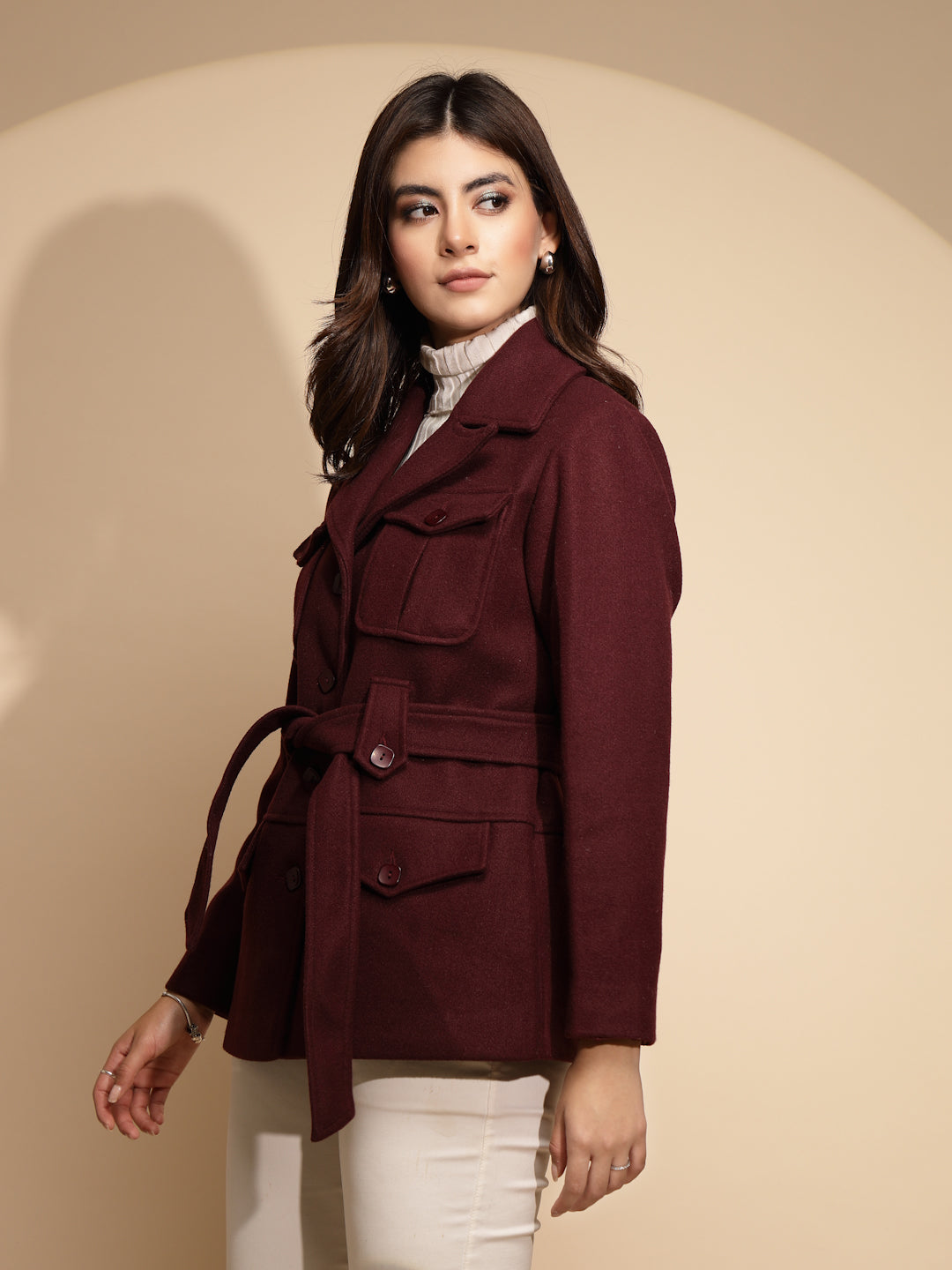 Women Wine Solid Collared Neck Full Sleeve Knitted Wrap Coat