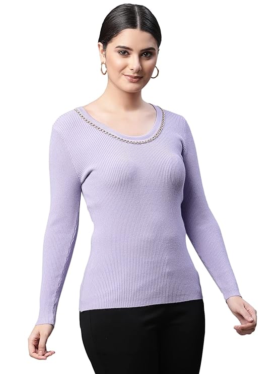 Women Round Neck Lilac Regular Fit Knitted Pullover