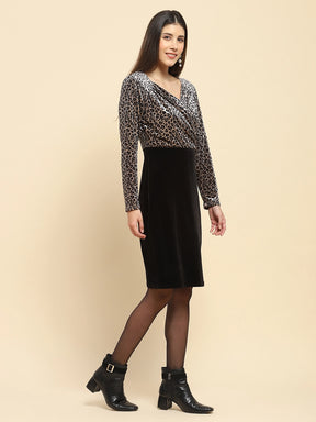 Grey Velvet Leopard Print Slim Fit Dress