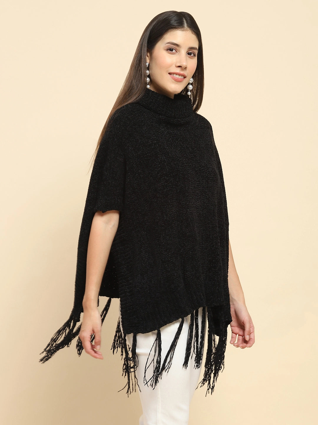 Black Poly Blend Solid Knit Loose Fit Poncho