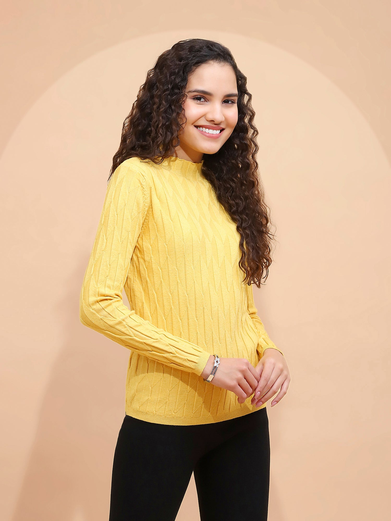 Mustard Solid Poly Viscose Slim Fit High Neck Skivvy Pullover