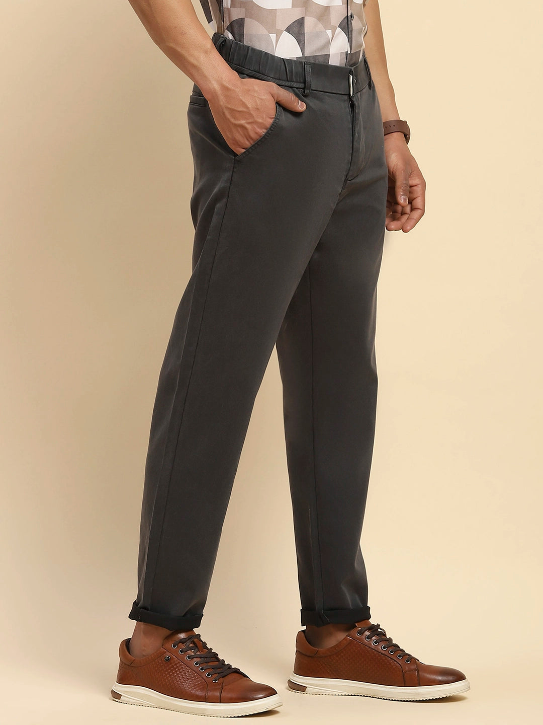 Grey Cotton Blend Slim Fit Trouser For Men