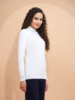 Off White Turtle Neck  Solid Snug Fit Skivvy Pullover