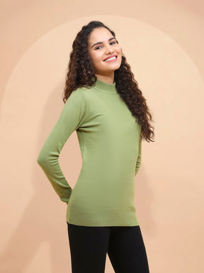 Women Olive Green Turtle Neck Full Sleeve Snug Fit Skivvy