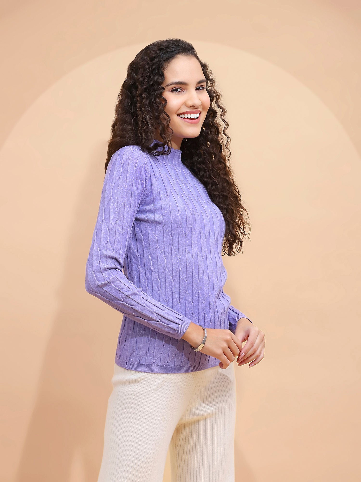 Lilac Solid Poly Viscose Slim Fit High Neck Skivvy Pullover