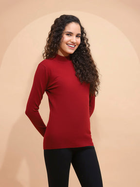 Women Wine Turtle Neck Full Sleeve Snug Fit Skivvy