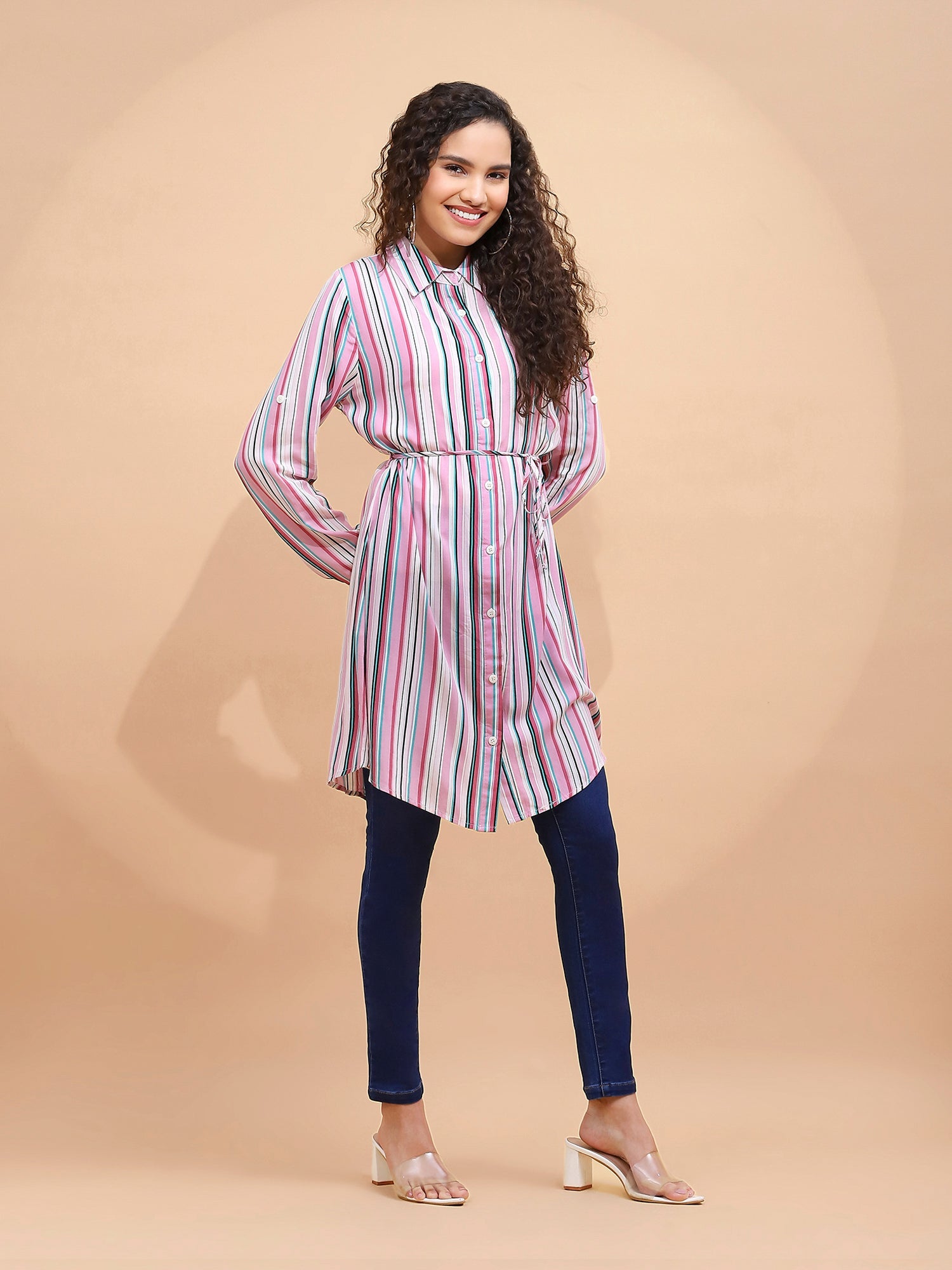 Women Straight Fit Pink & Multi Color Vertical Lines Tunic