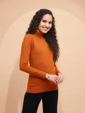 Women Rust Turtle Neck Full Sleeve Snug Fit Skivvy