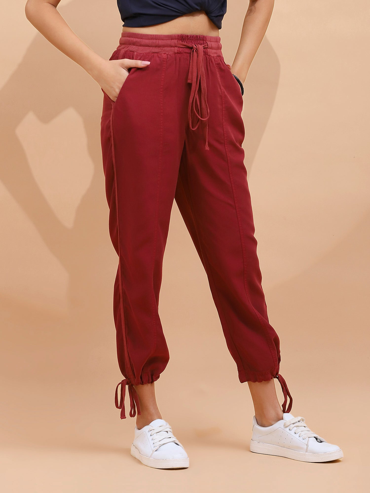 Women Wine Cotton Solid Lower